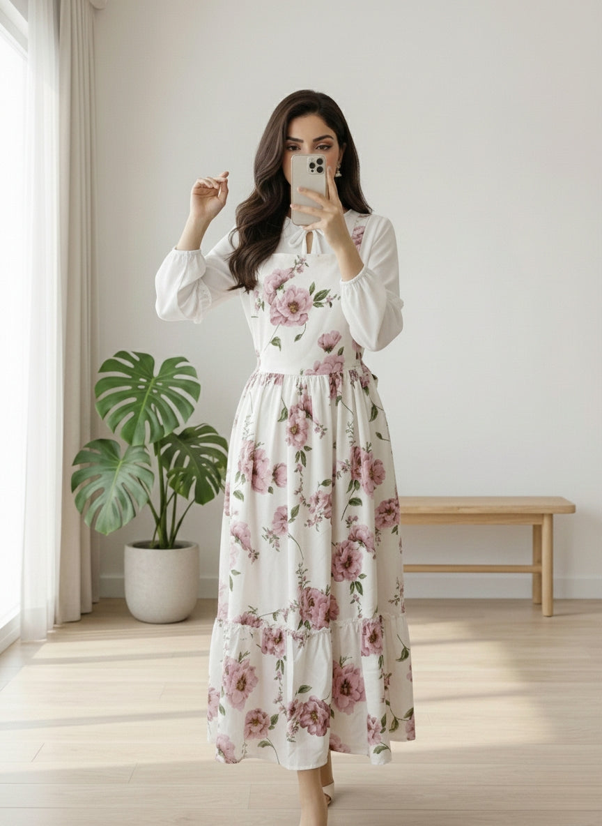 White Floral Georgette Maxi Dress for Women | Elegant Modest Long Dress