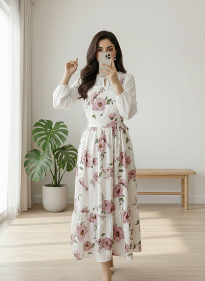 White Floral Georgette Maxi Dress for Women | Elegant Modest Long Dress
