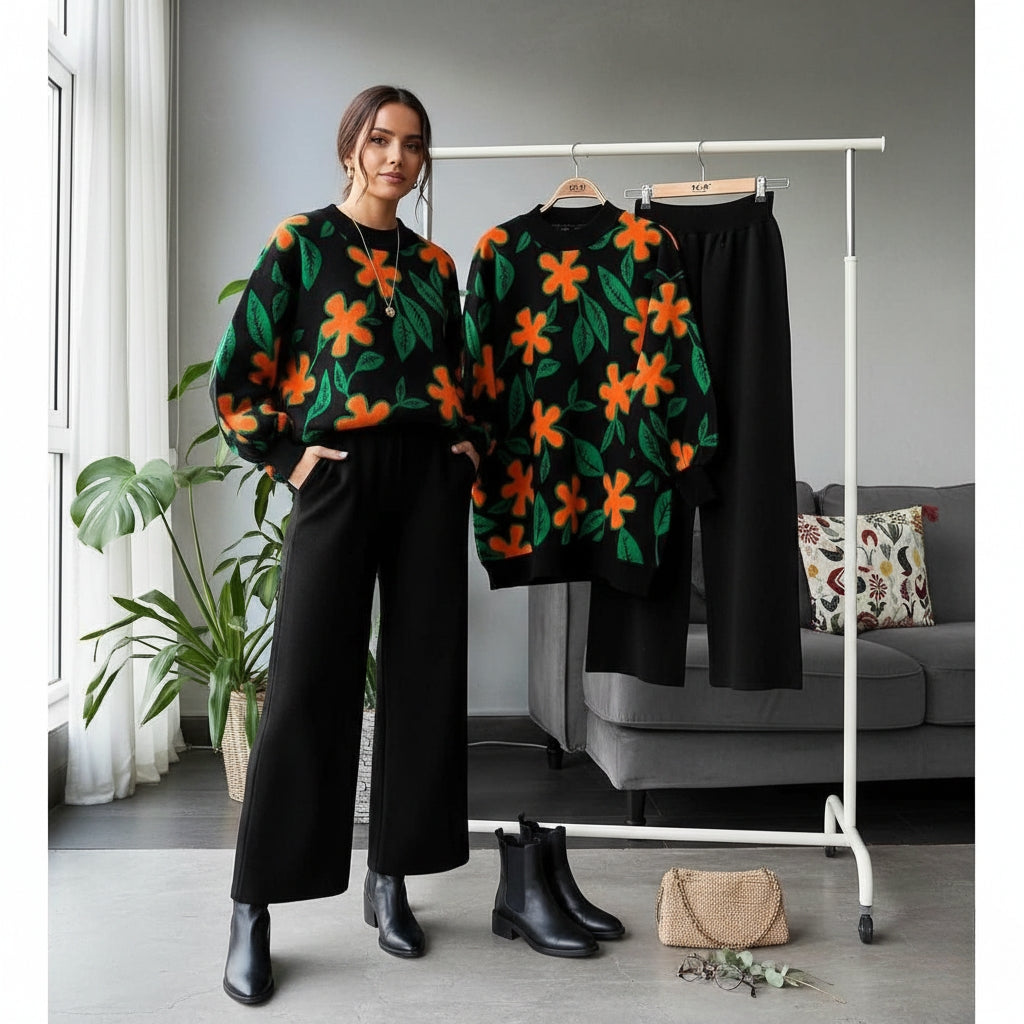 Women's Flower Print Fleece Tracksuit - Winter Wear