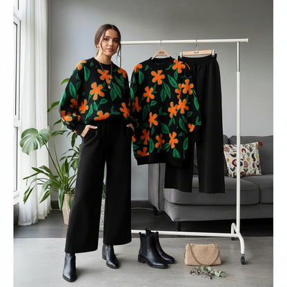 Women's Flower Print Fleece Tracksuit - Winter Wear