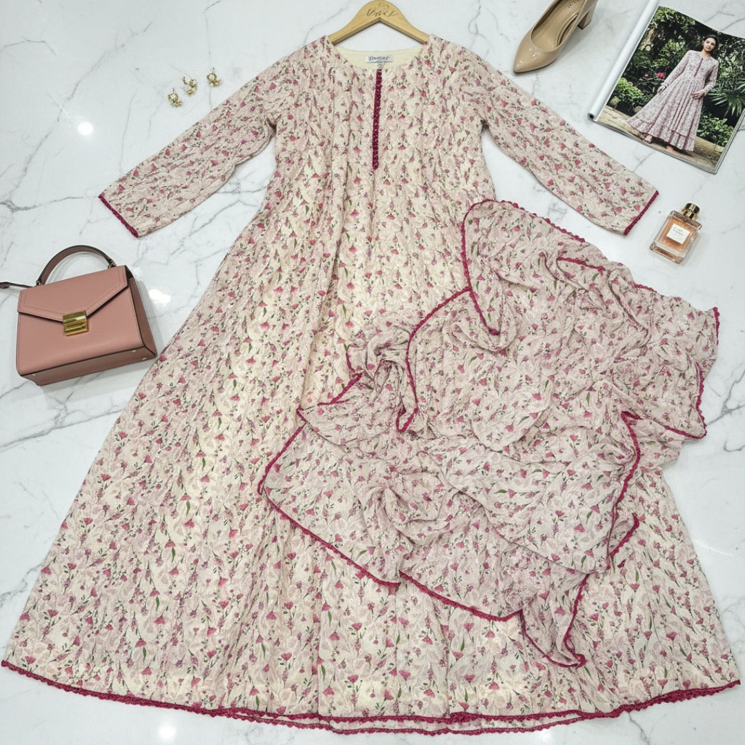 Bonanza Floral Chiffon Frock & Dupatta Set - 2 Pcs