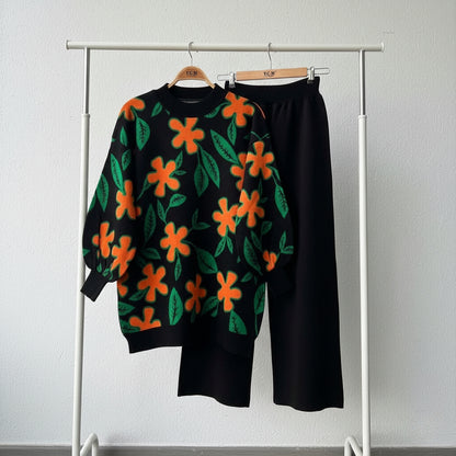 Women's Flower Print Fleece Tracksuit - Winter Wear