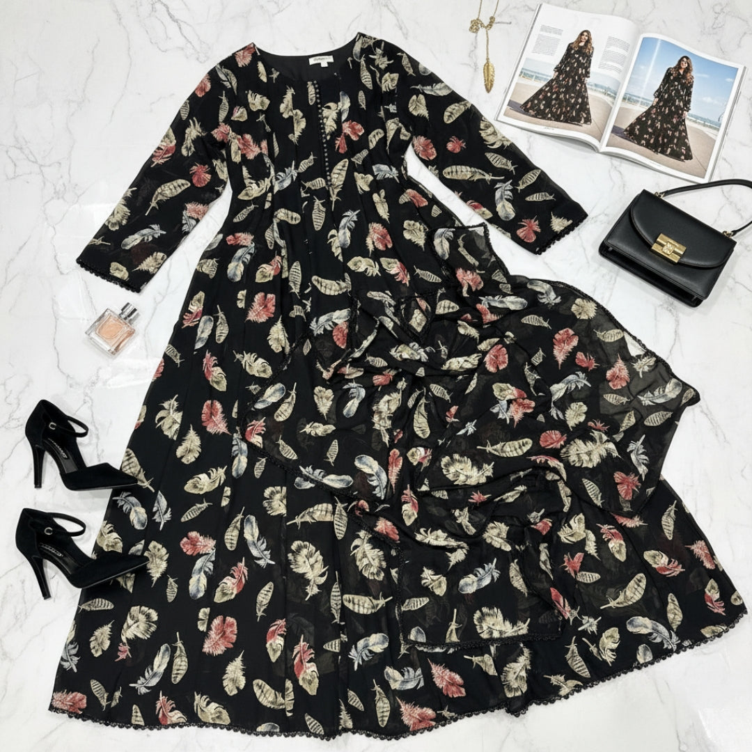 Bonanza Floral Chiffon Frock & Dupatta Set - 2 Pcs