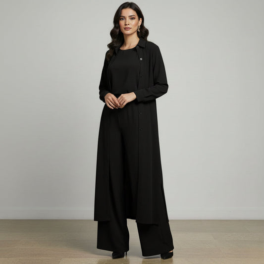 3-Piece Modest Suit — Long Top, Inner & Wide-Leg Pants