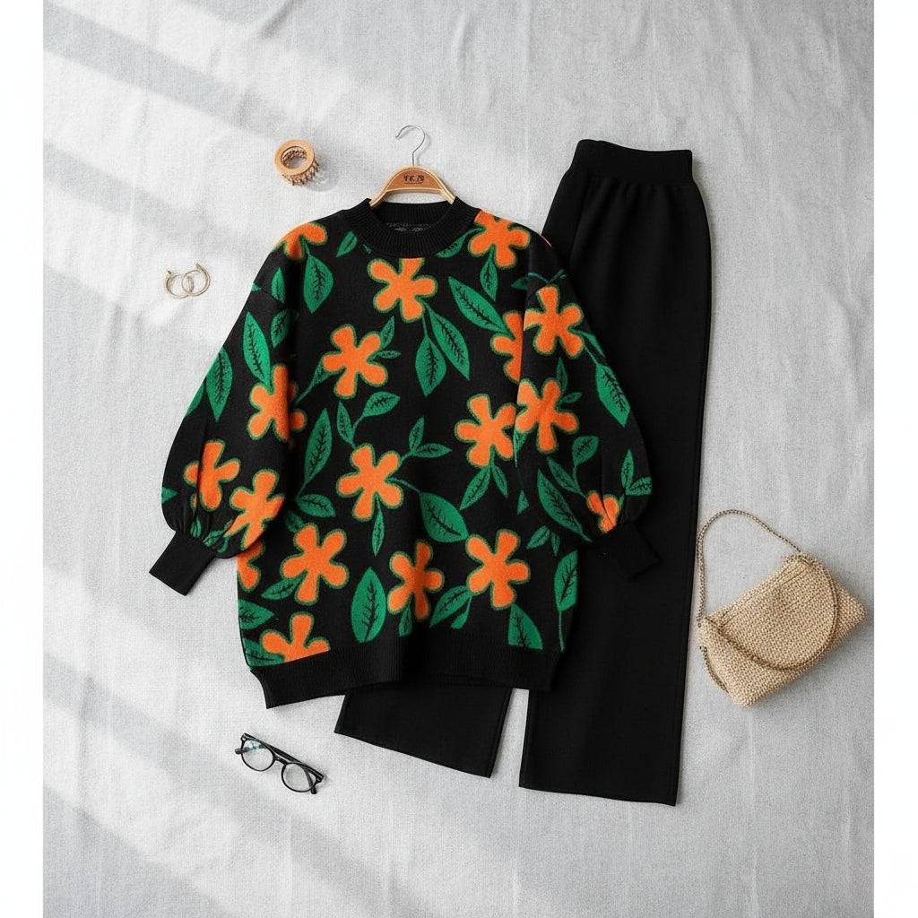 Women's Flower Print Fleece Tracksuit - Winter Wear