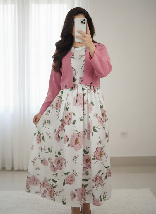 Pink Floral Georgette Maxi Dress with Cropped Coat | Elegant Two-Piece Set for Women