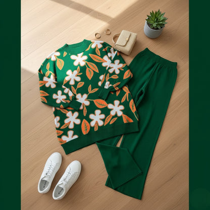 Women's Flower Print Fleece Tracksuit - Winter Wear