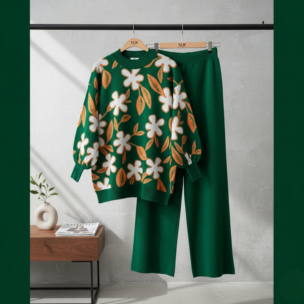 Women's Flower Print Fleece Tracksuit - Winter Wear