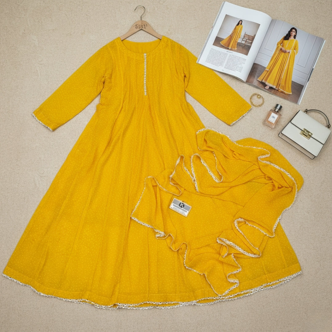 Bonanza Floral Chiffon Frock & Dupatta Set - 2 Pcs