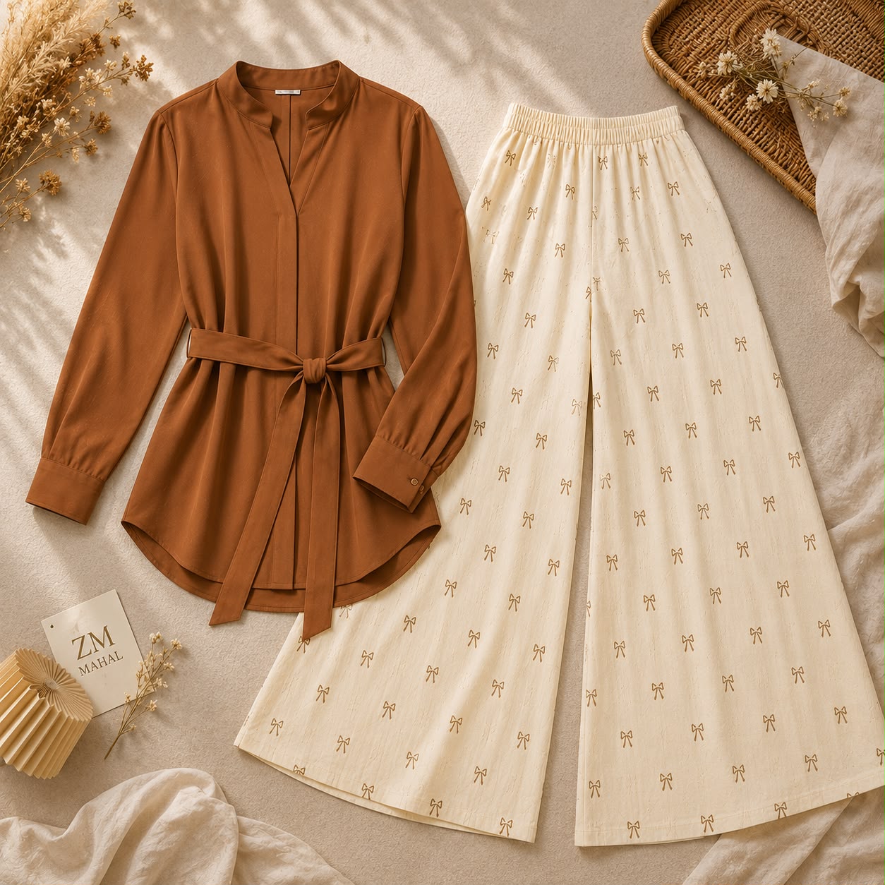 Amelie Bow Belted Shirt & Wide-Leg Co-Ord Set