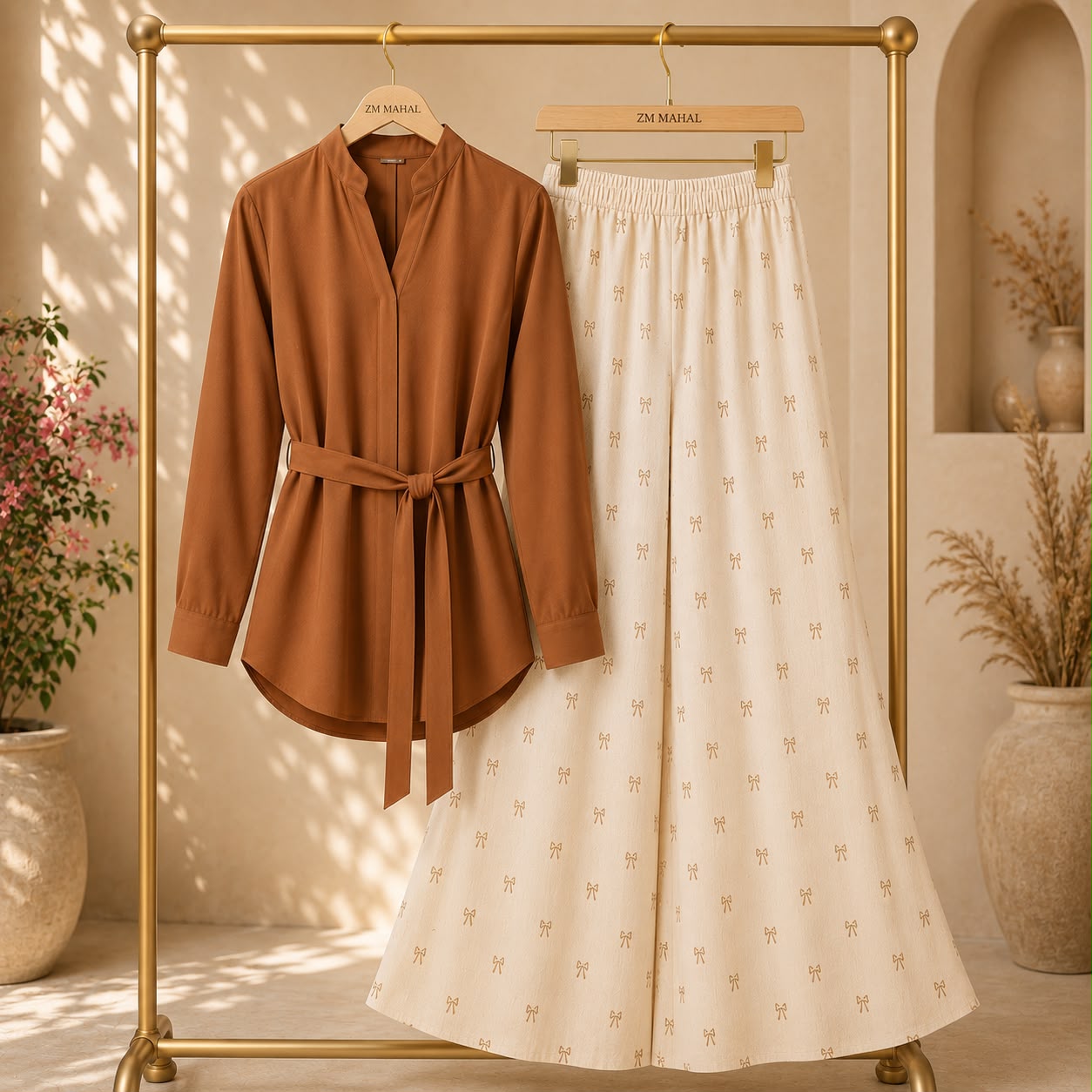 Amelie Bow Belted Shirt & Wide-Leg Co-Ord Set