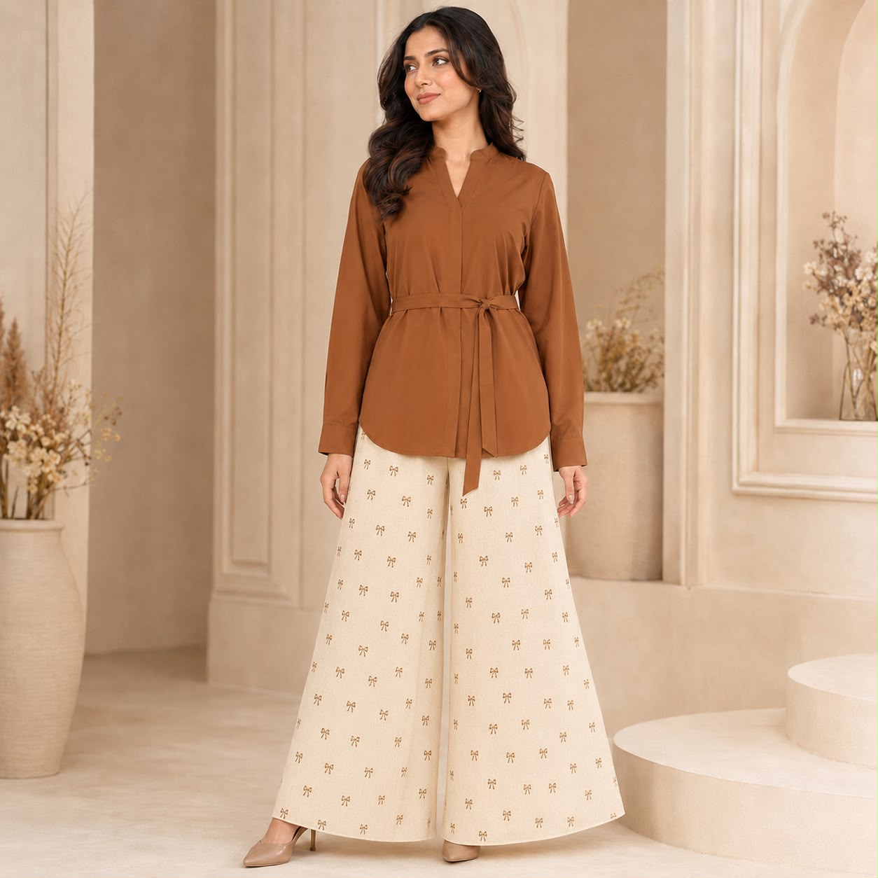 Amelie Bow Belted Shirt & Wide-Leg Co-Ord Set