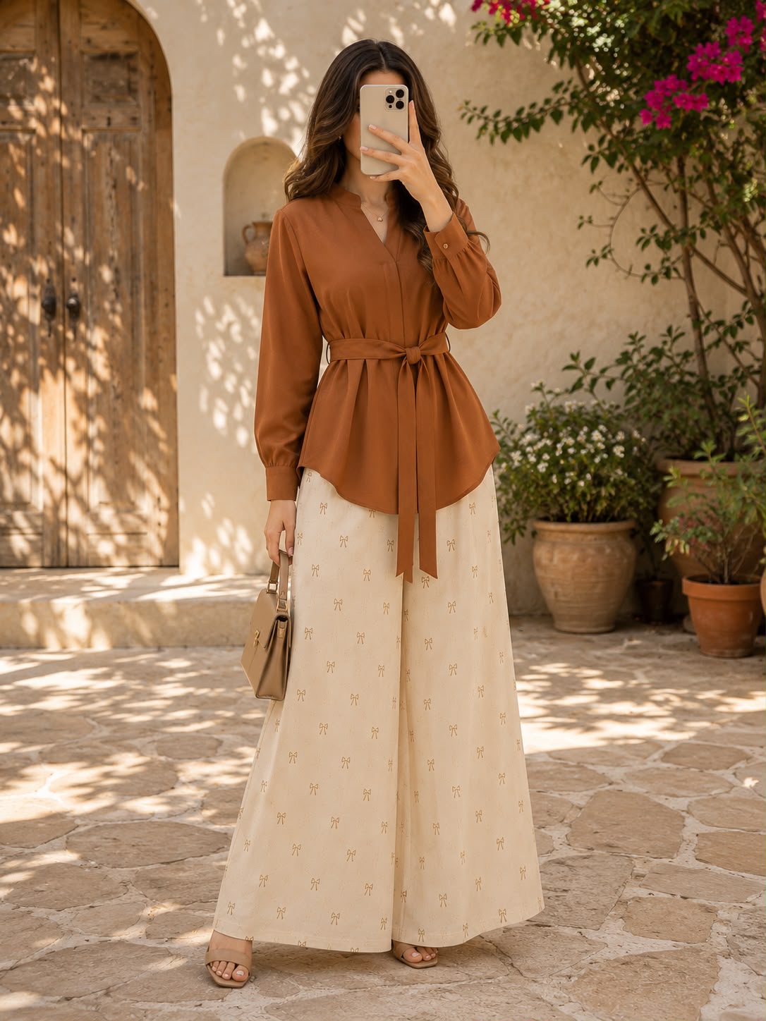 Amelie Bow Belted Shirt & Wide-Leg Co-Ord Set
