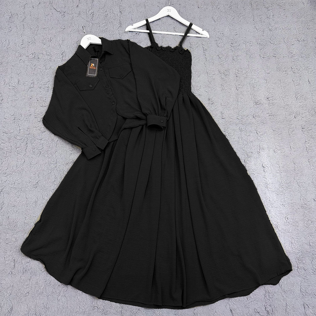 Elegant 2-Piece Smocked Maxi Dress & Collared Jacket Set | Versatile & Chic