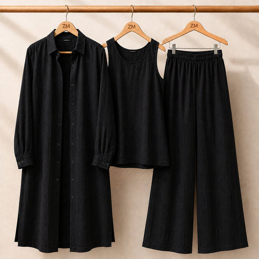 Modest Suit Long Top, Inner & Wide-Leg Pants 3-Piece
