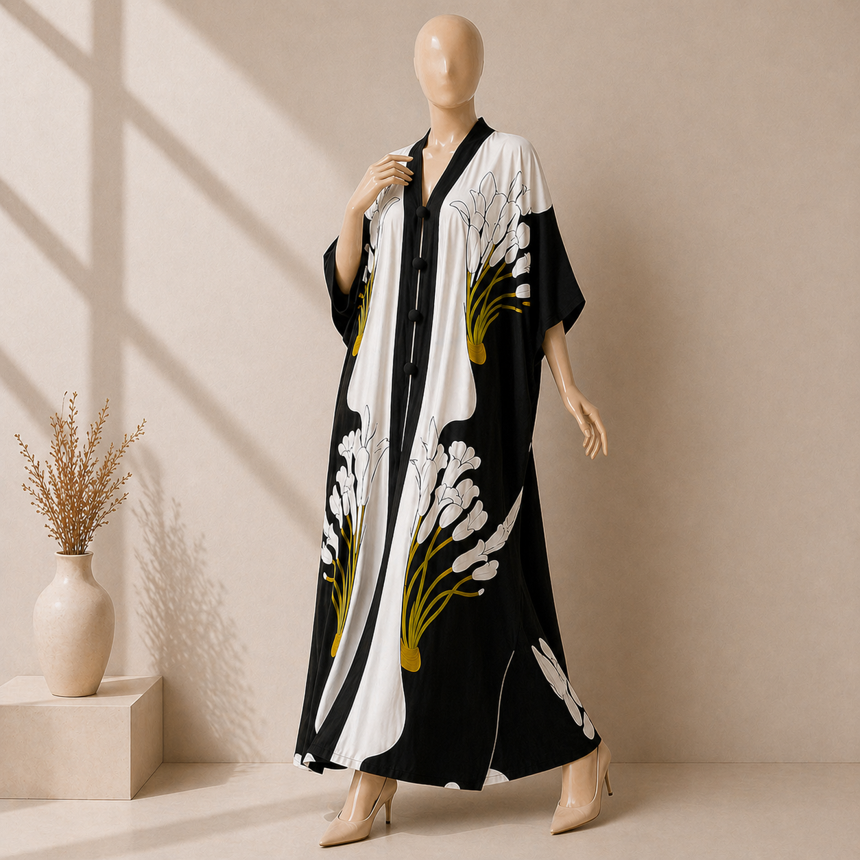 Black & White Floral Kaftan Abaya for Women – Elegant Maxi Modest Dress