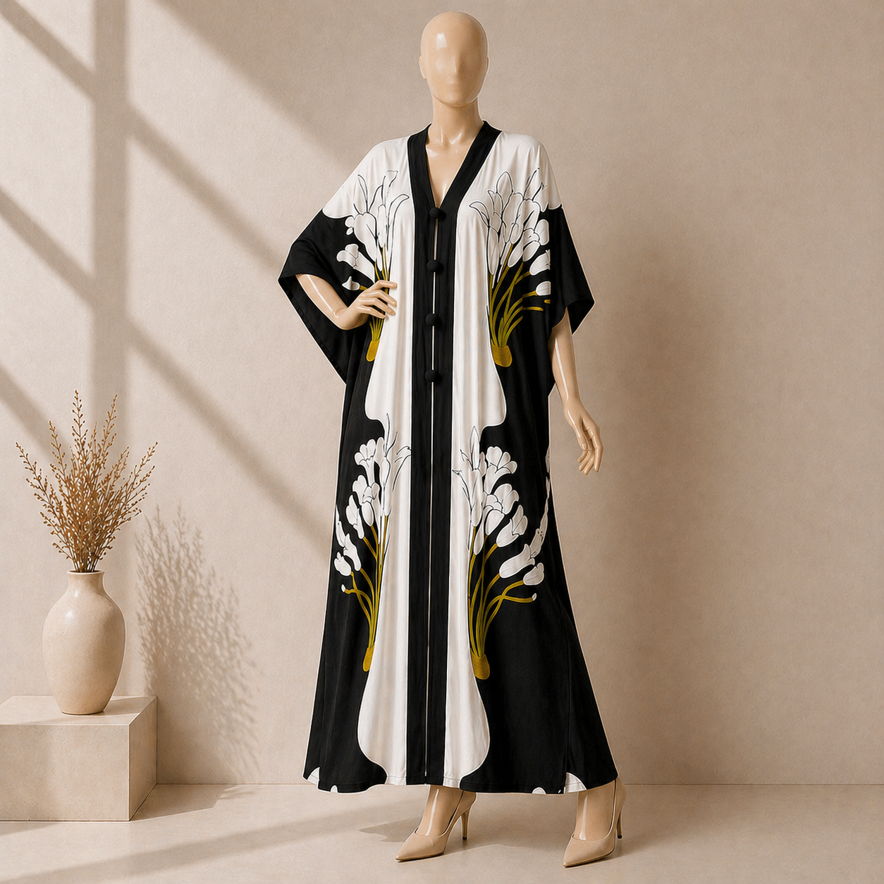 Black & White Floral Kaftan Abaya for Women – Elegant Maxi Modest Dress