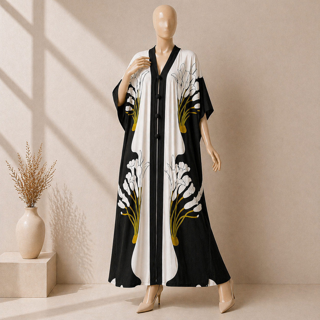 Black & White Floral Kaftan Abaya for Women – Elegant Maxi Modest Dress