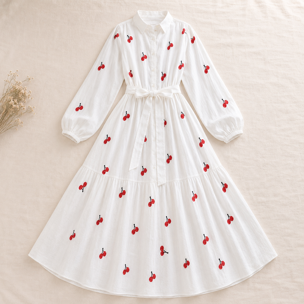 Cherry Blossom Embroidered Belted White Maxi Dress