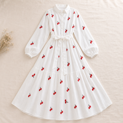 Cherry Blossom Embroidered Belted White Maxi Dress
