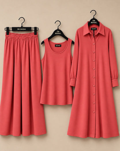 Modest Everyday 3-Piece Set in Coral Pink with long outer, inner and trouser - SphereOutfit