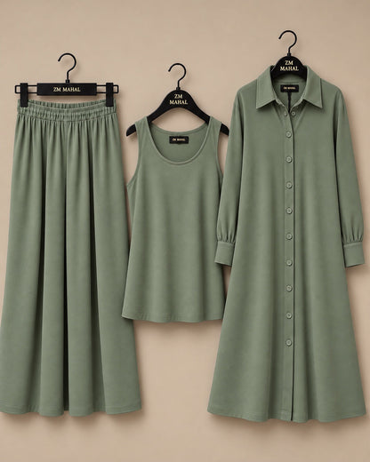 Modest Everyday 3-Piece Set in Sage Grey with long outer, inner and trouser - SphereOutfit