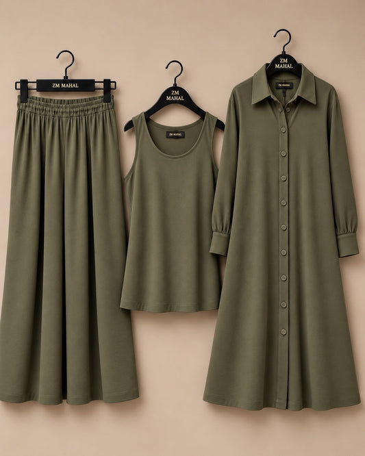 Modest Everyday 3-Piece Set in Olive Brown with long outer, inner and trouser - SphereOutfit