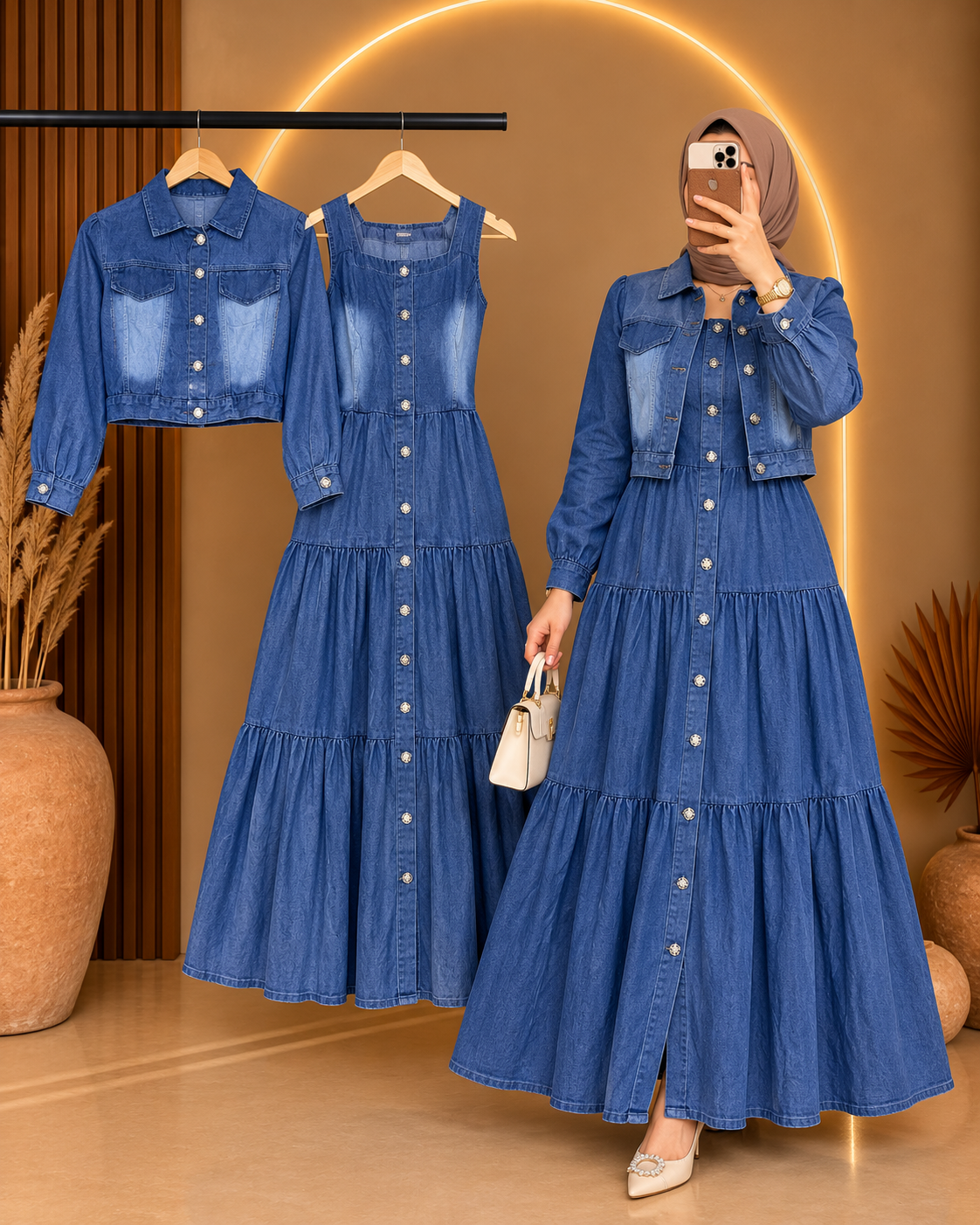 Denim Two-Piece Frock and Coat Set
