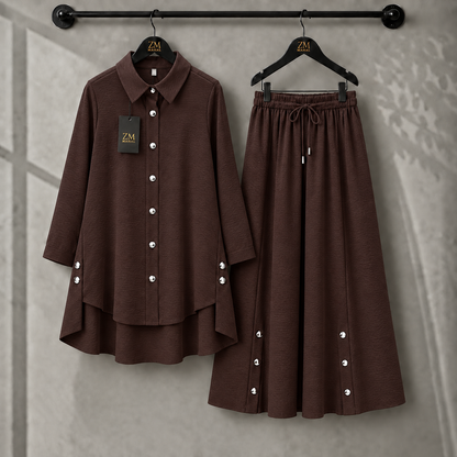 Aylin Turkish High-Low Co-Ord Set in Chocolate Brown - women’s 2-piece outfit | SphereOutfit