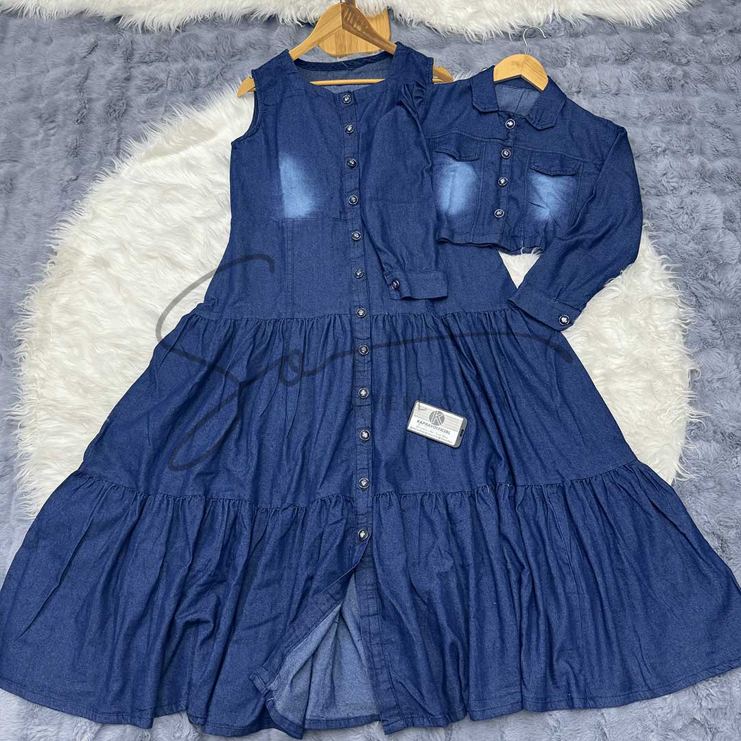 Denim Two-Piece Frock and Coat Set