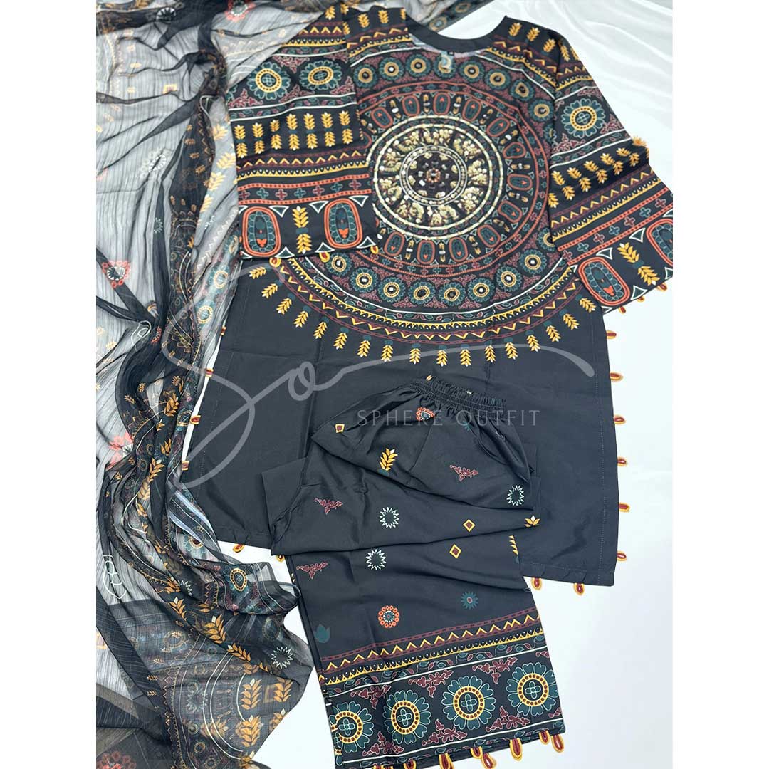 Elegant Korean Silk Digital Print Suit