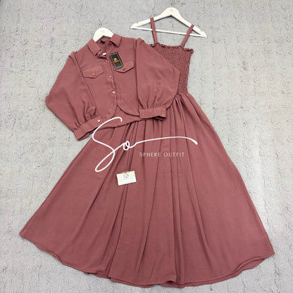 Elegant two-piece beige smocked maxi dress and matching collared jacket set on a hanger