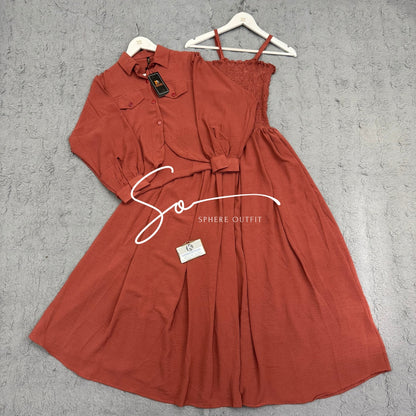 Elegant two-piece beige smocked maxi dress and matching collared jacket set on a hanger