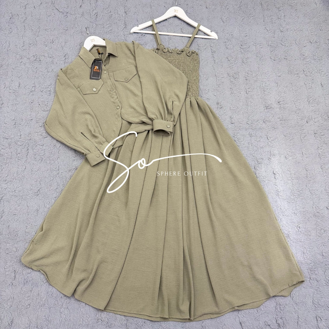 Elegant two-piece beige smocked maxi dress and matching collared jacket set on a hanger