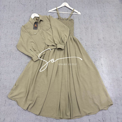 Elegant two-piece beige smocked maxi dress and matching collared jacket set on a hanger