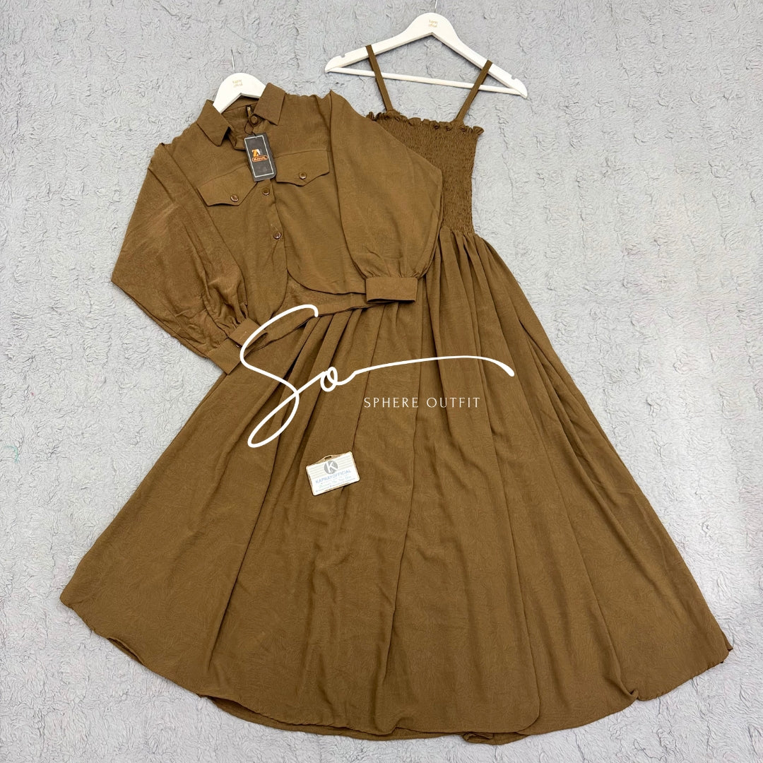 Elegant two-piece beige smocked maxi dress and matching collared jacket set on a hanger