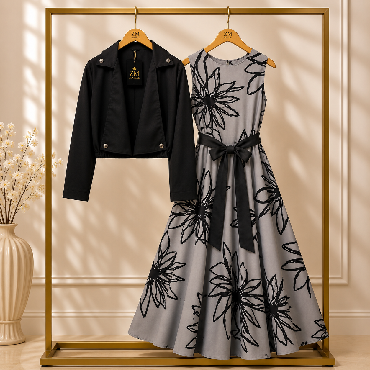 Floral Printed Maxi Dress with Cropped Jacket Set