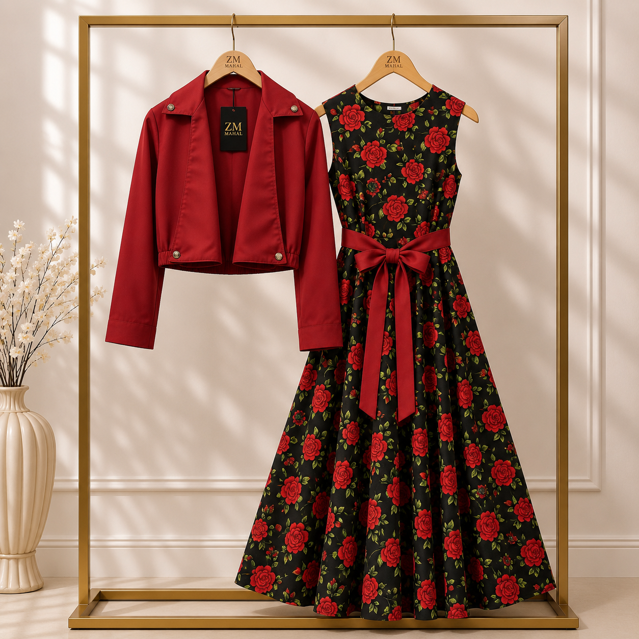 Floral Printed Maxi Dress with Cropped Jacket Set