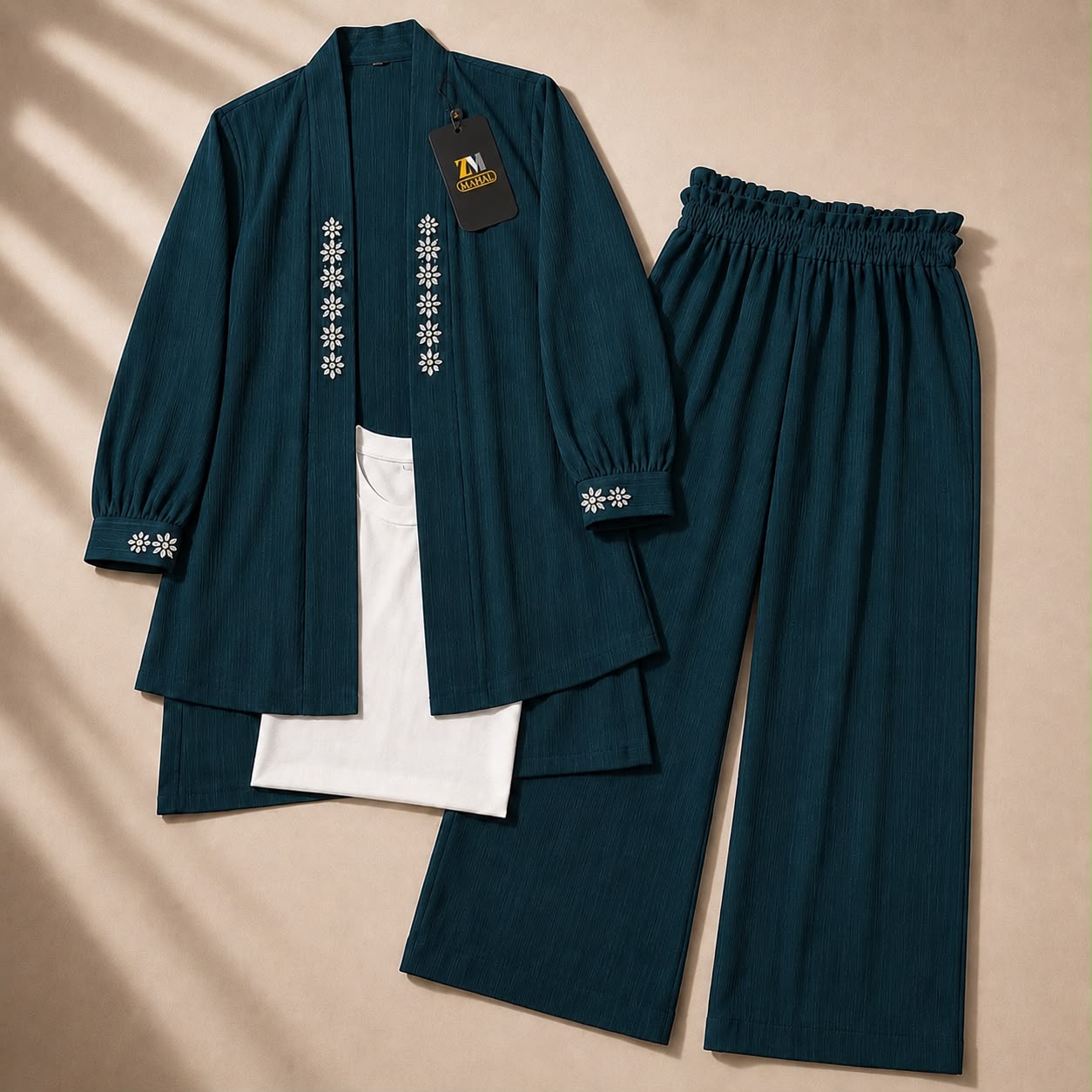 Teal green embroidered georgette 3-piece co-ord set
