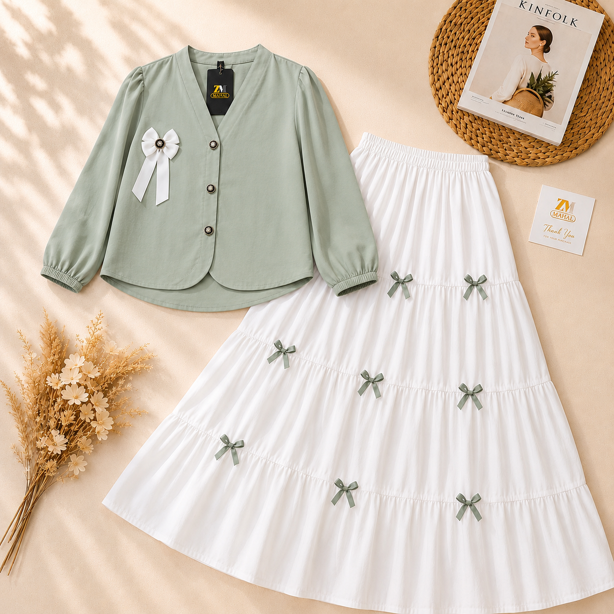 Mint Green Elegant Bow Detail Skirt Set