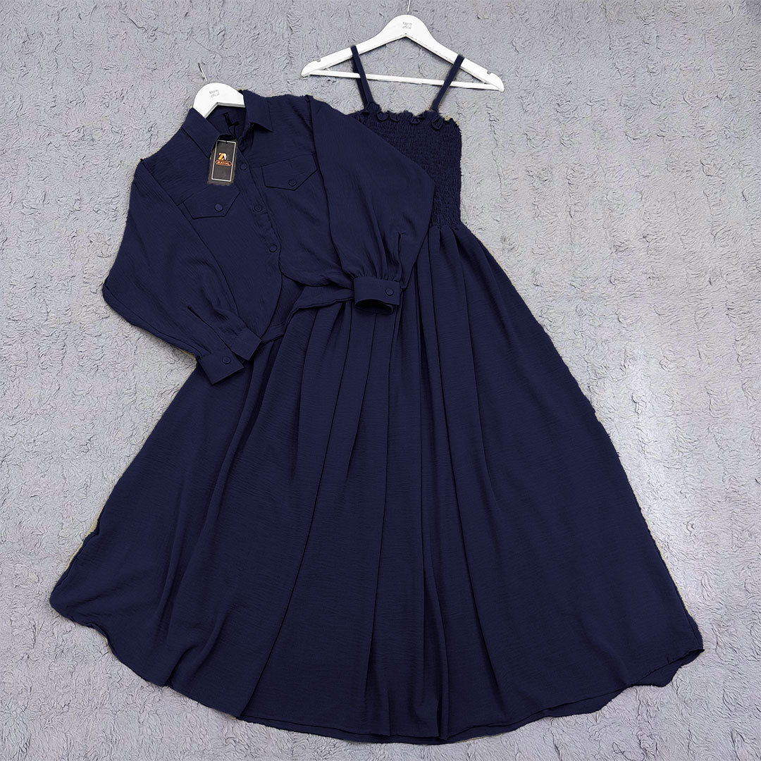 Elegant 2-Piece Smocked Maxi Dress & Collared Jacket Set | Versatile & Chic