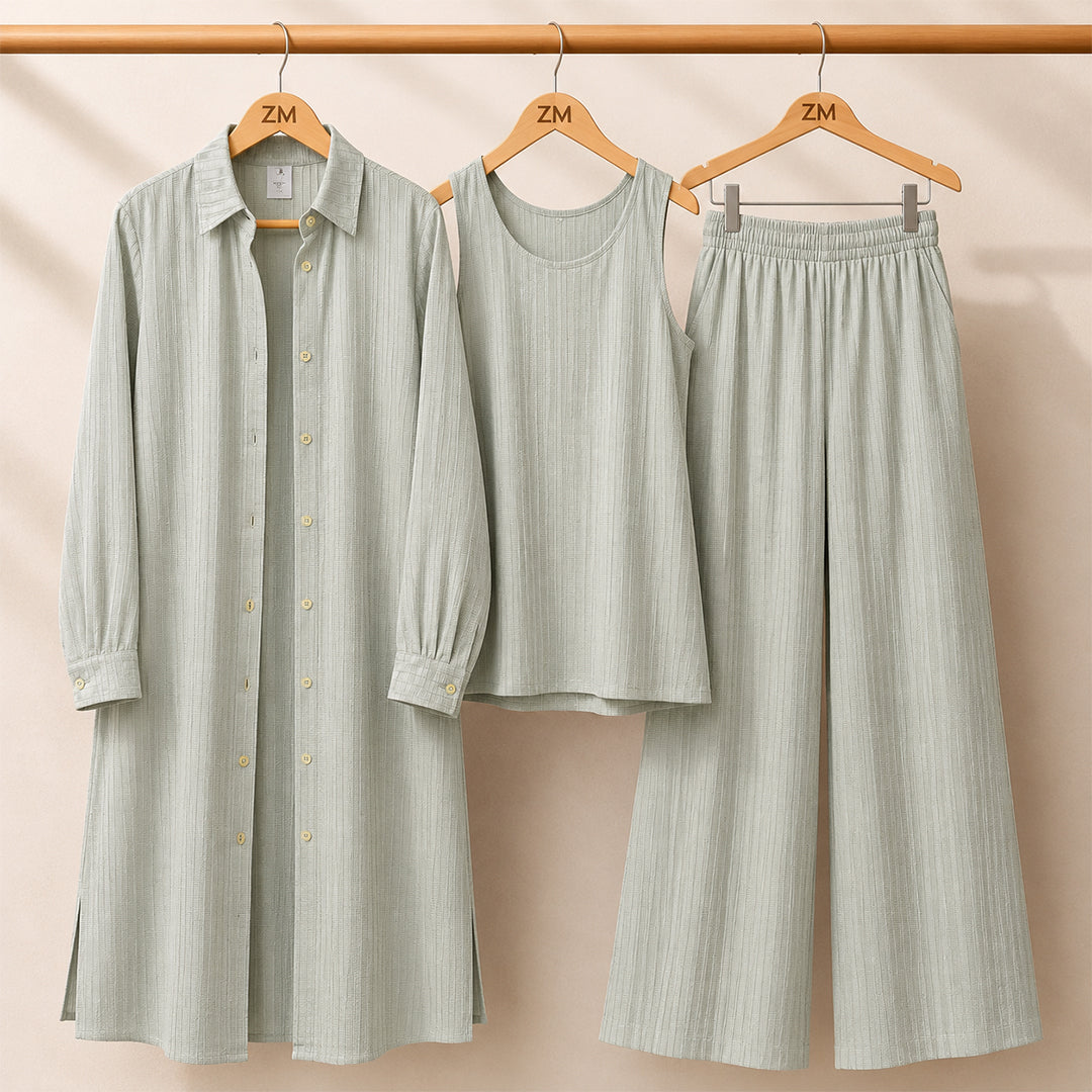 Modest Suit Long Top, Inner & Wide-Leg Pants 3-Piece