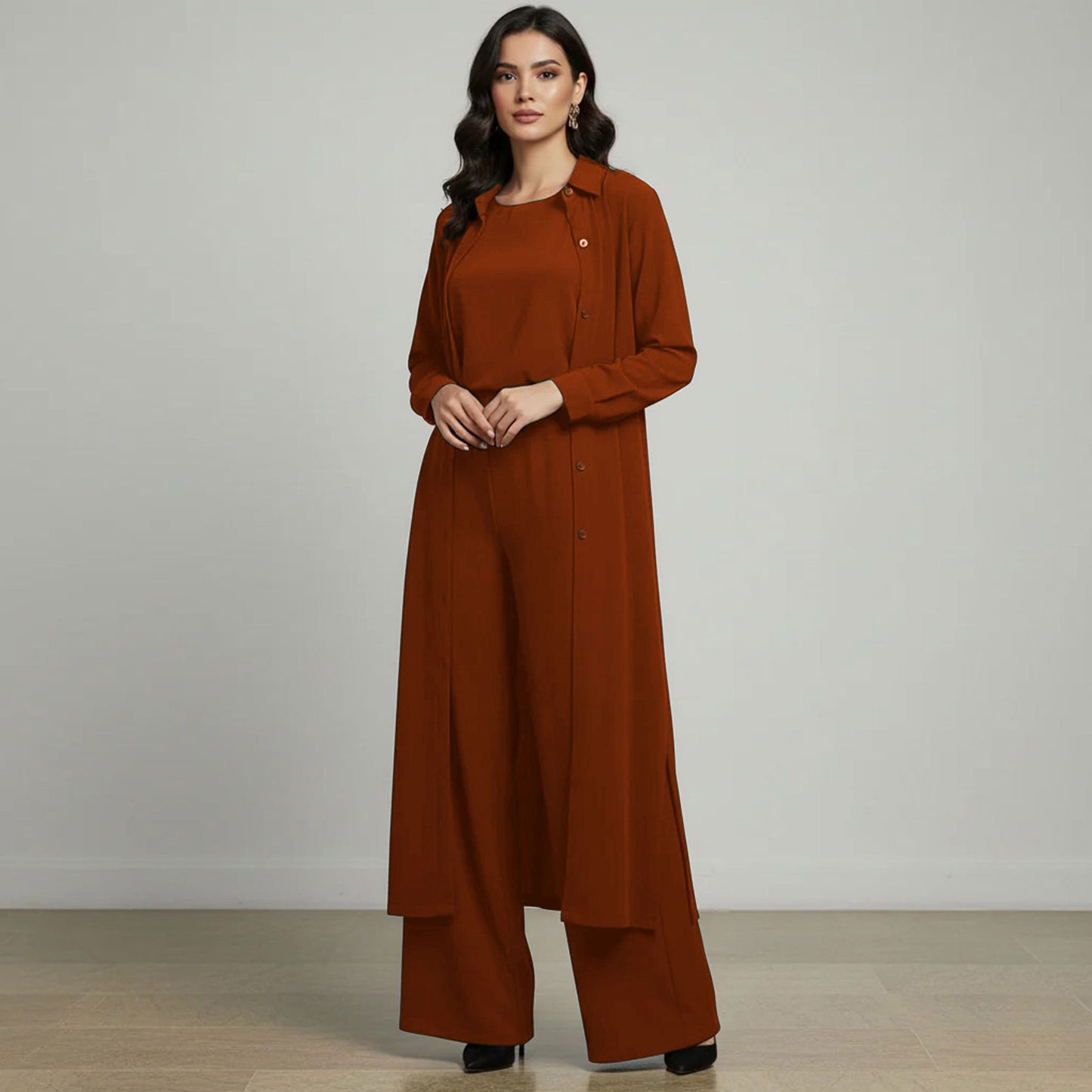 3-Piece Modest Suit — Long Top, Inner & Wide-Leg Pants