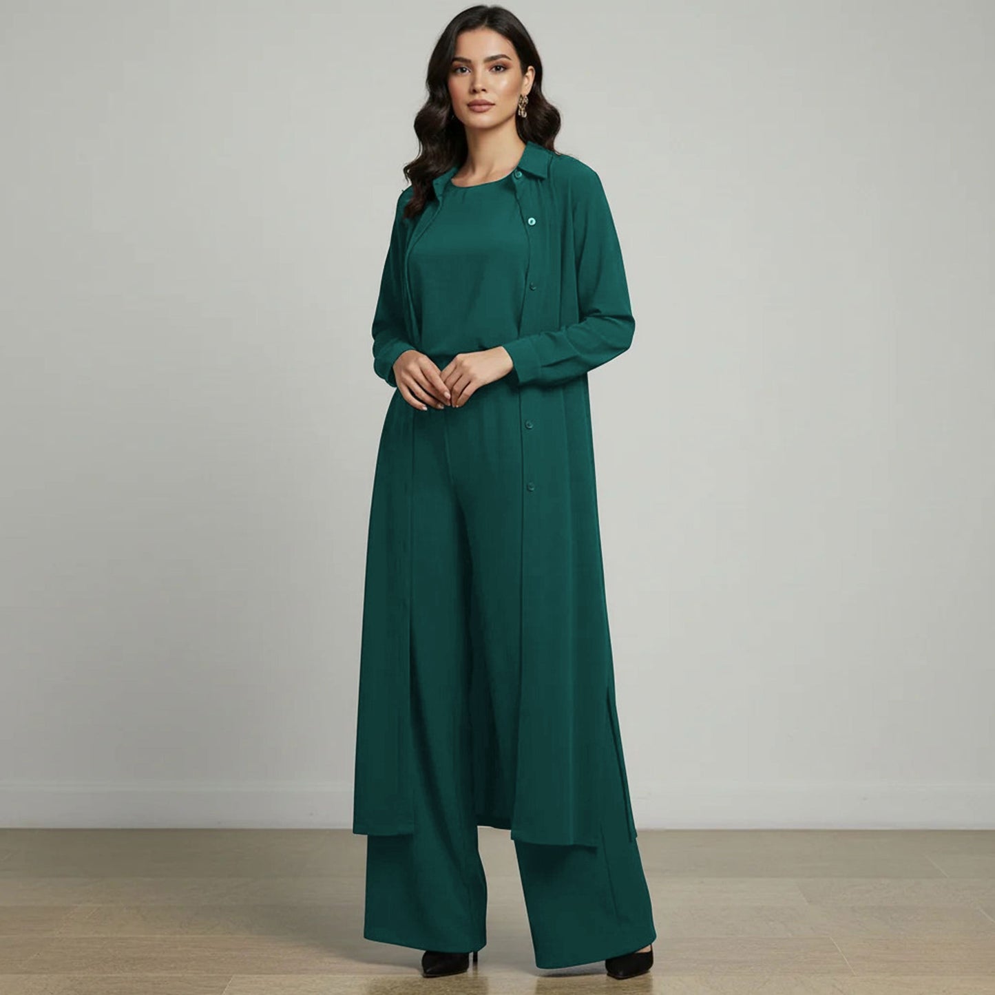 3-Piece Modest Suit — Long Top, Inner & Wide-Leg Pants