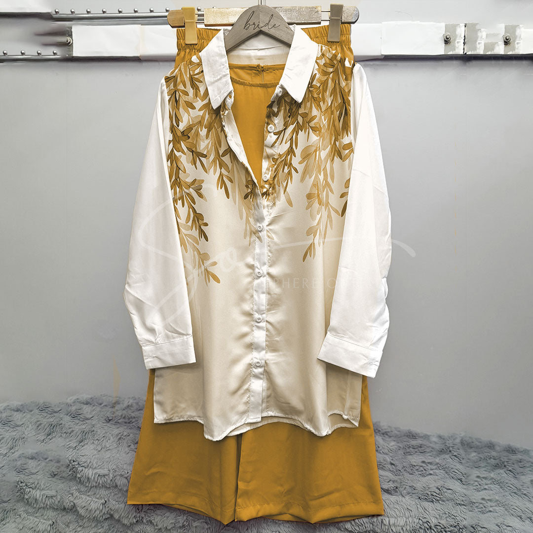 Leaf Print White Blouse – Casual Long Sleeves