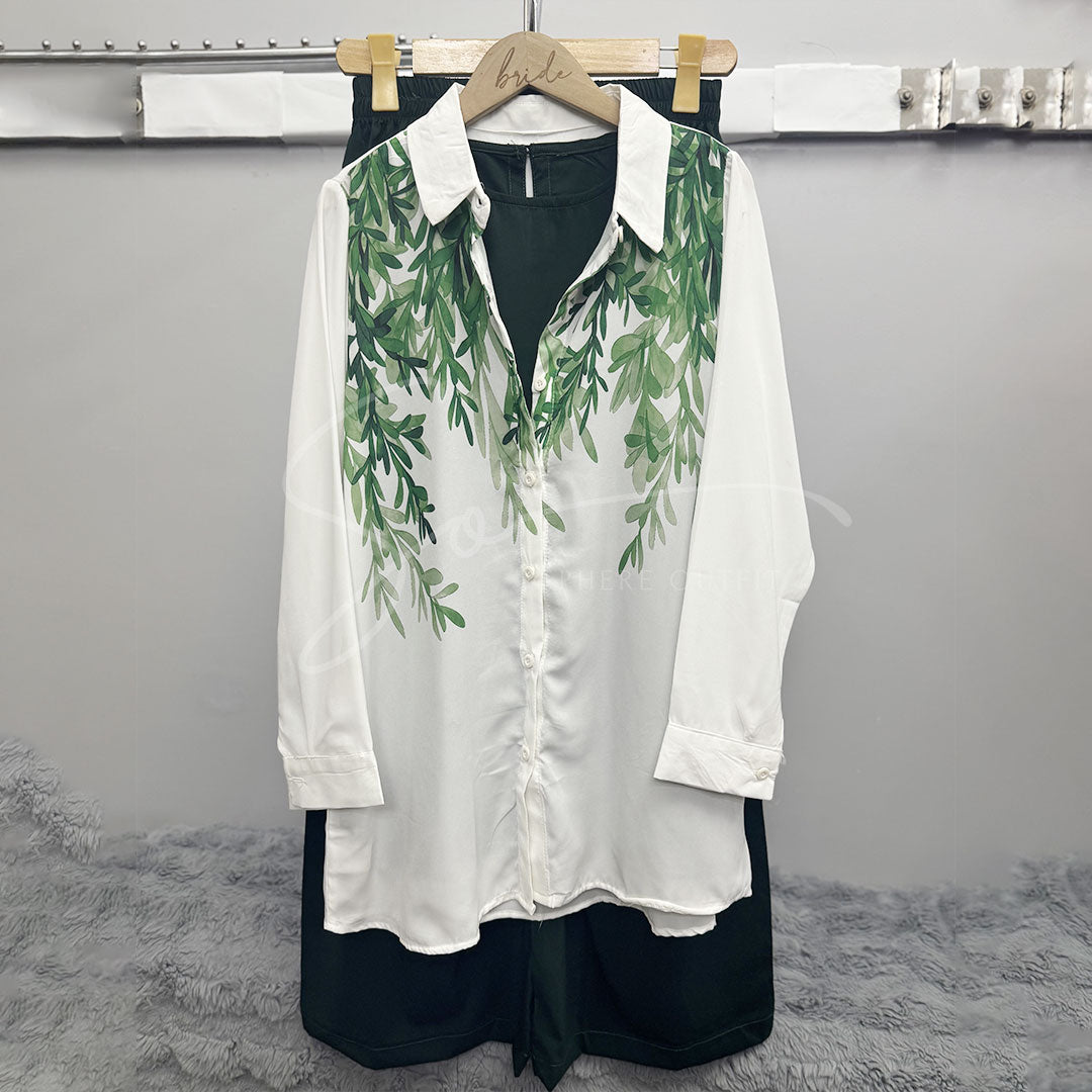 Leaf Print White Blouse – Casual Long Sleeves