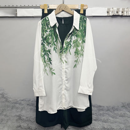 Leaf Print White Blouse – Casual Long Sleeves