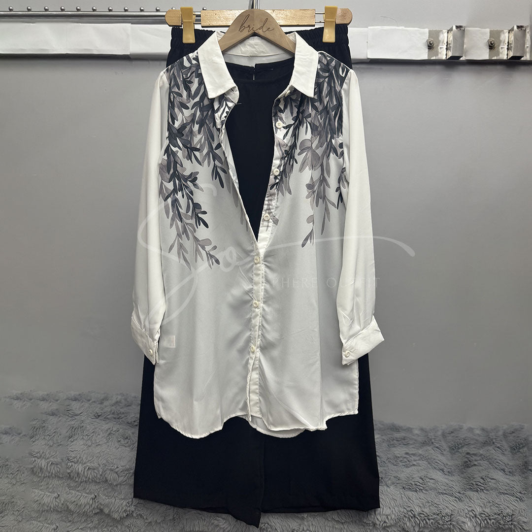 Leaf Print White Blouse – Casual Long Sleeves