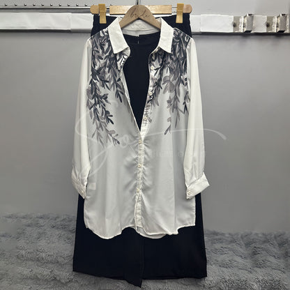Leaf Print White Blouse – Casual Long Sleeves
