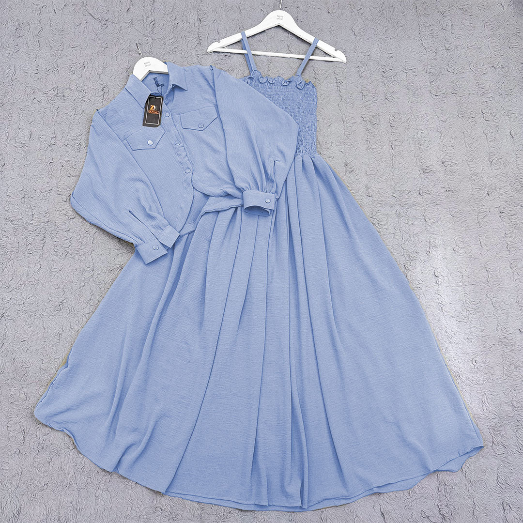 Elegant 2-Piece Smocked Maxi Dress & Collared Jacket Set | Versatile & Chic